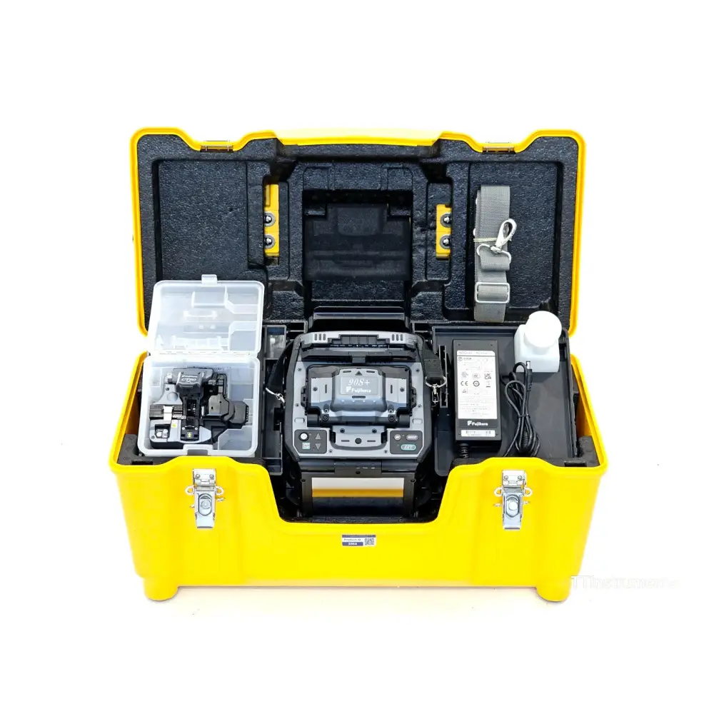 Fujikura 90S+ core alignment fusion splicer front view with 4.9-inch TFT colour touchscreen displayed