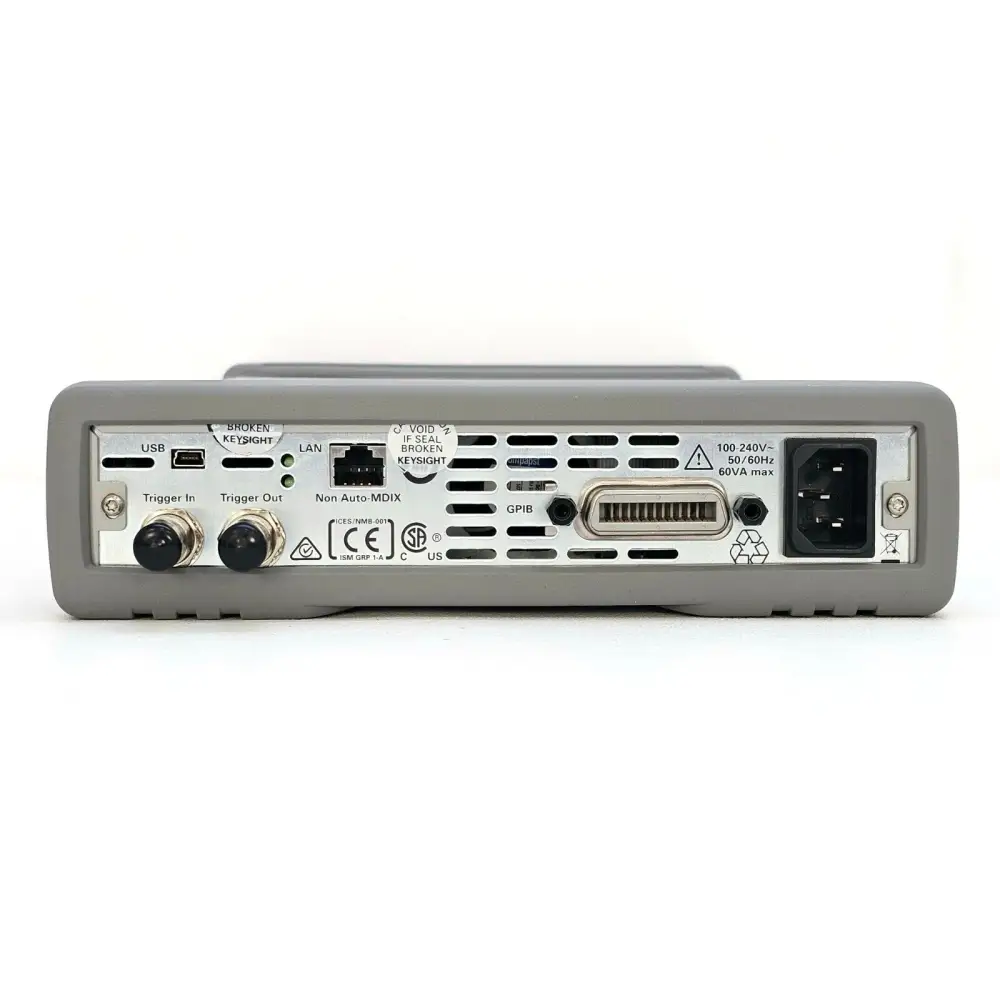 Keysight N7751A rear panel showing USB, LAN, Trigger In/Out, GPIB connector and IEC mains inlet, 100-240V