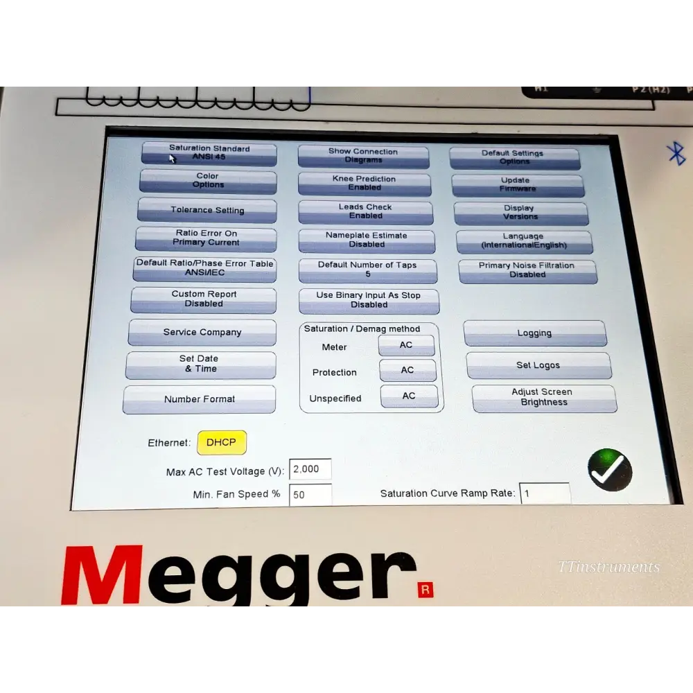 Megger MRCT settings screen showing saturation standard ANSI 45, knee prediction enabled, leads check enabled, language English