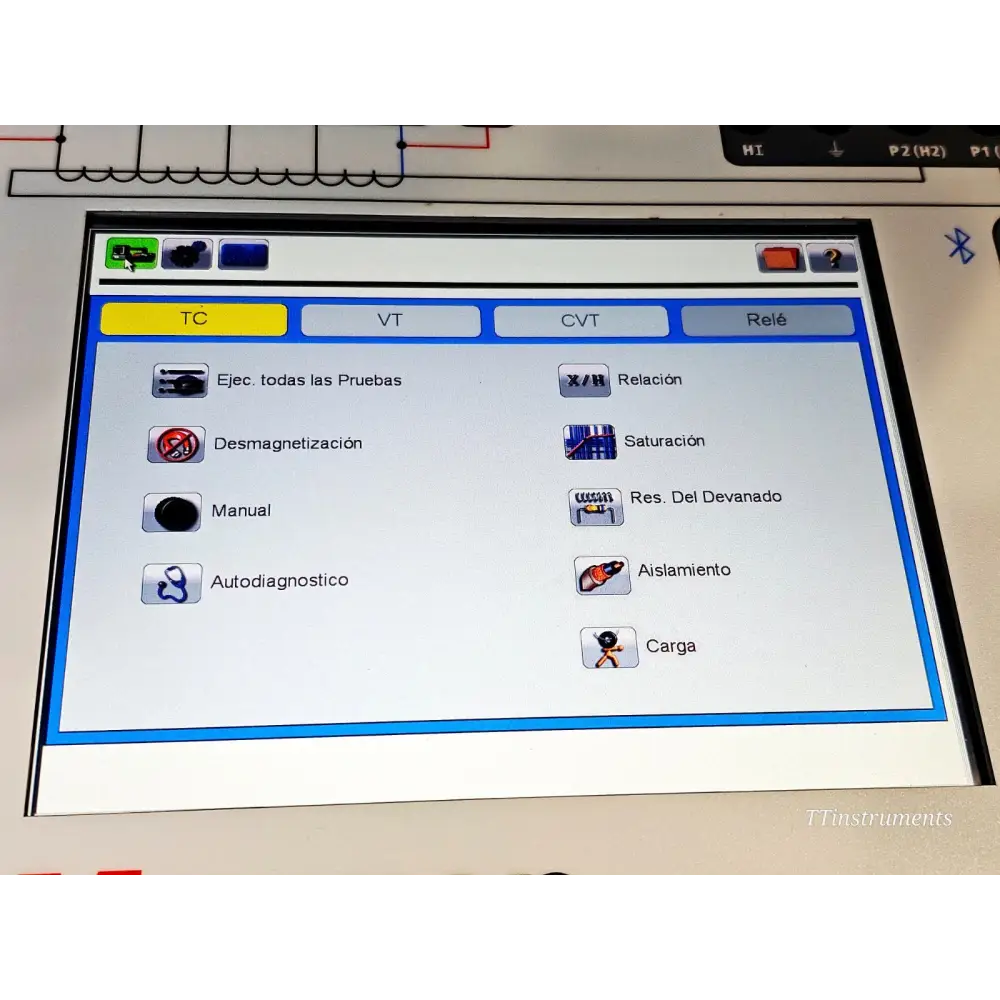 Megger MRCT touchscreen showing TC test menu with options for ratio, saturation, winding resistance, insulation and demagnetisation