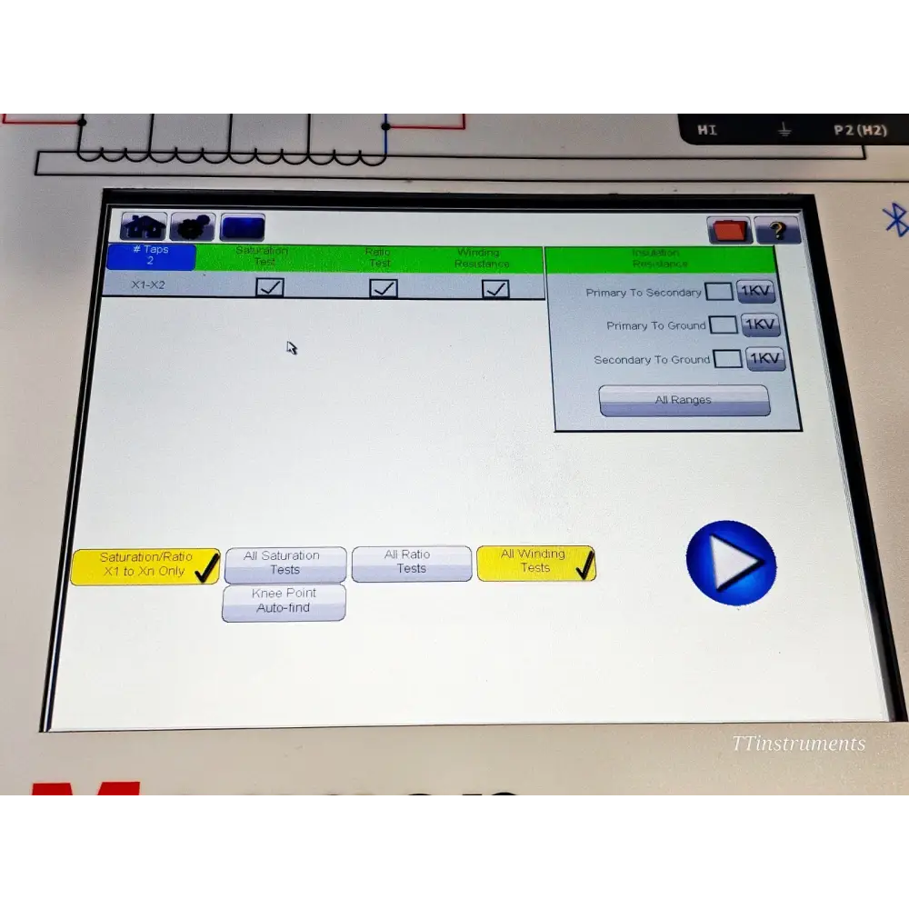 Megger MRCT run all tests screen showing saturation, ratio, winding resistance and 1kV insulation test options for CT tap X1-X2
