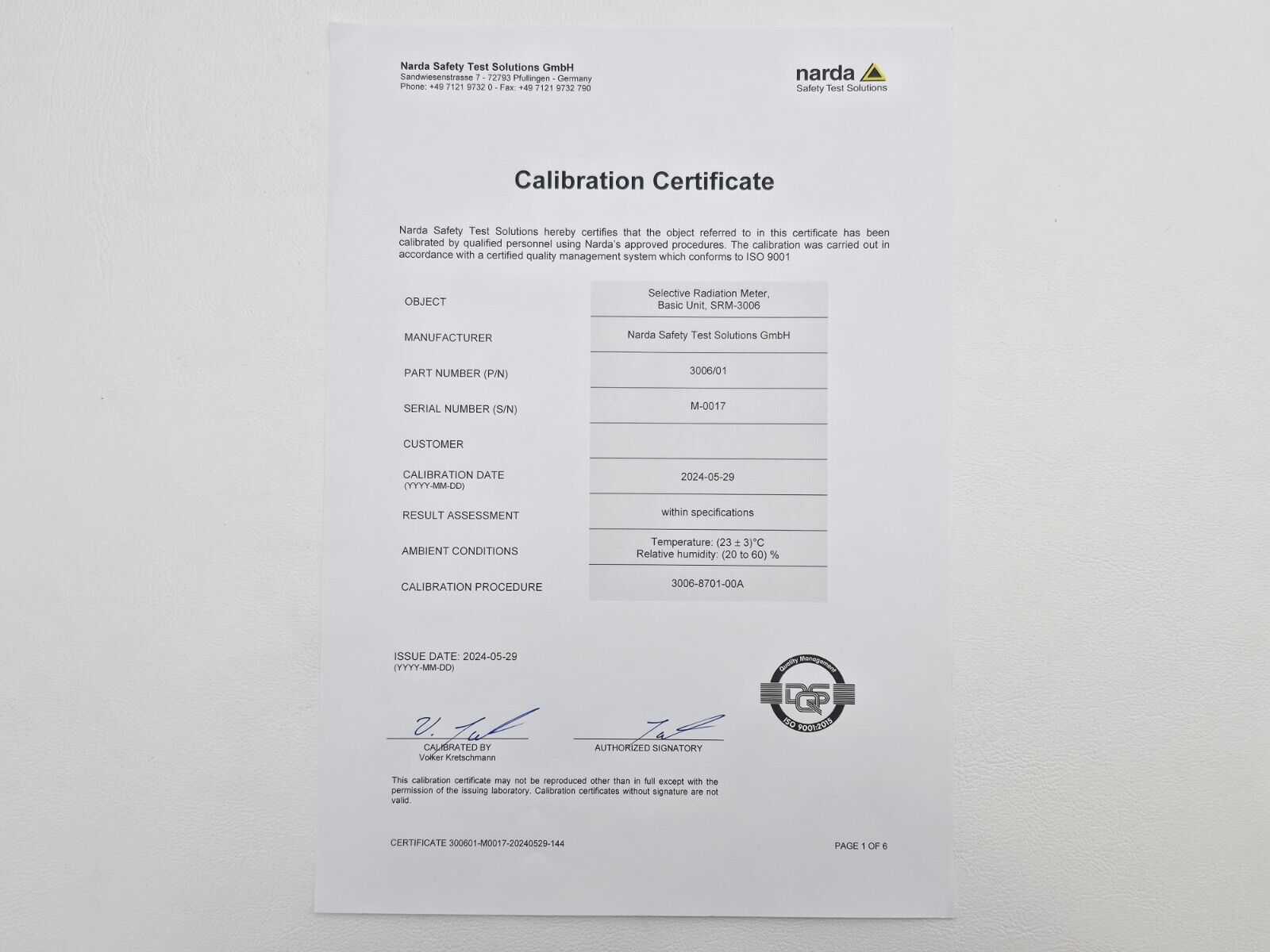 CALIBRATED Narda SRM-3006 Radiation Meter 9 kHz-6 GHz E Field Probe 27MHz - 3GHz