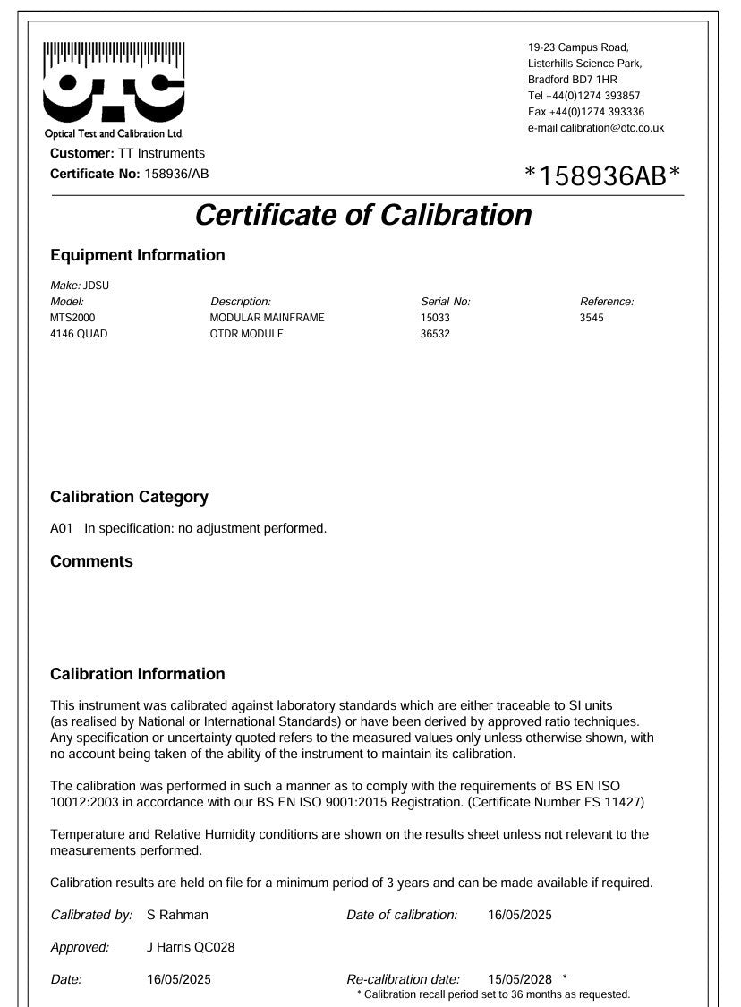 Calibrated Viavi JDSU MTS 2000 PM/VFL +4146 QUAD OTDR SM MM 850/1300 1310/1550nm