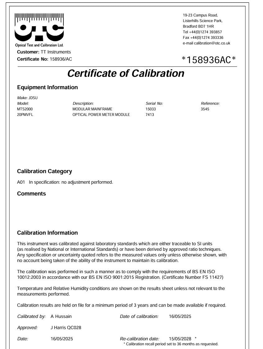 Calibrated Viavi JDSU MTS 2000 PM/VFL +4146 QUAD OTDR SM MM 850/1300 1310/1550nm