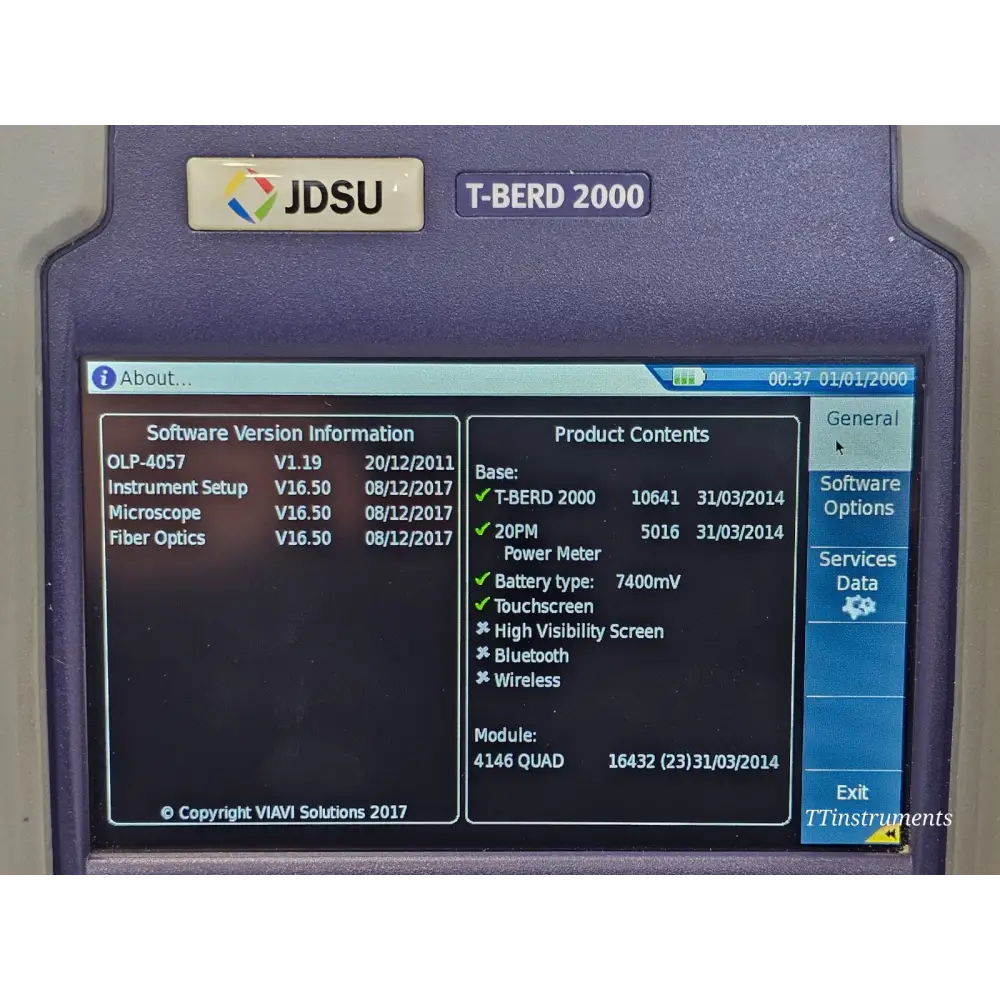 T-BERD 2000 touchscreen close-up showing FTTA OTDR software option