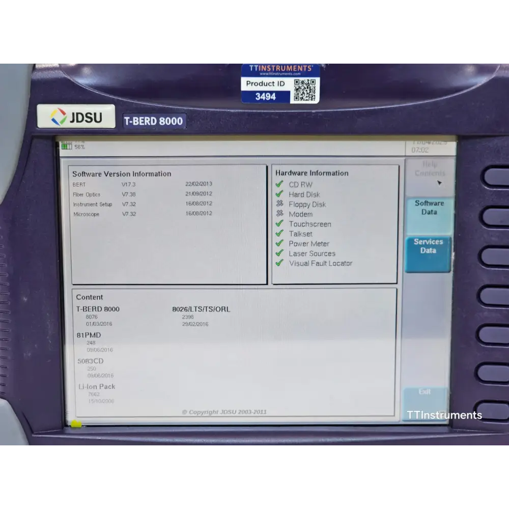 JDSU T-BERD 8000 display showing PMD analysis result with pass/fail indication