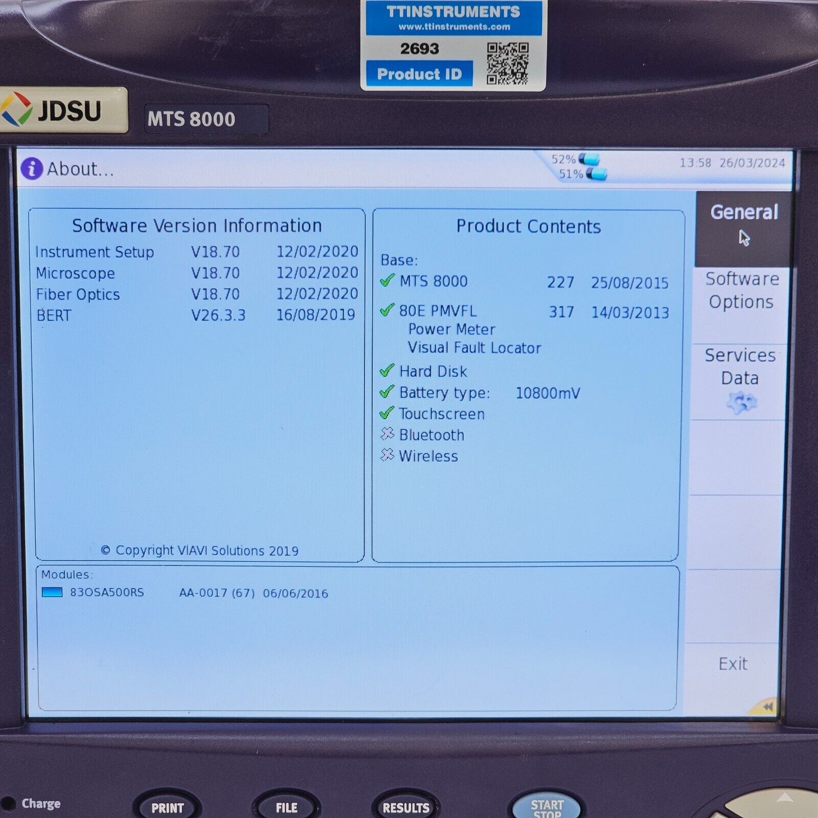 Calibrated Viavi JDSU T-Berd 8000E w/ OSA-500RS 2281/91.57 Optical DWDM Analyzer
