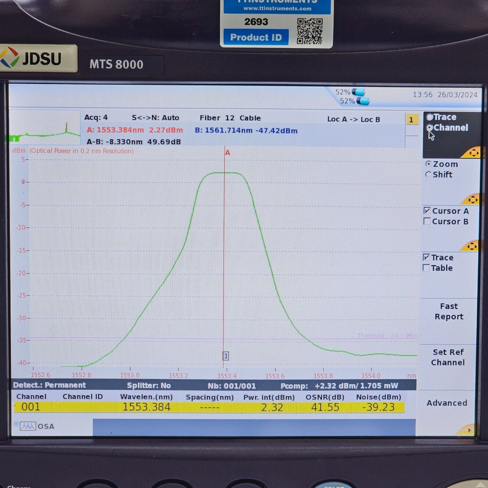 Calibrated Viavi JDSU T-Berd 8000E w/ OSA-500RS 2281/91.57 Optical DWDM Analyzer