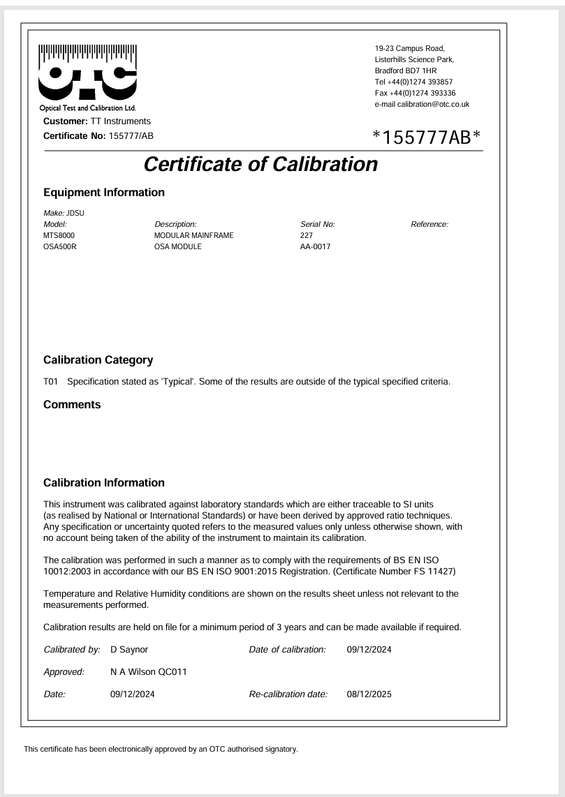 Calibrated Viavi JDSU T-Berd 8000E w/ OSA-500RS 2281/91.57 Optical DWDM Analyzer
