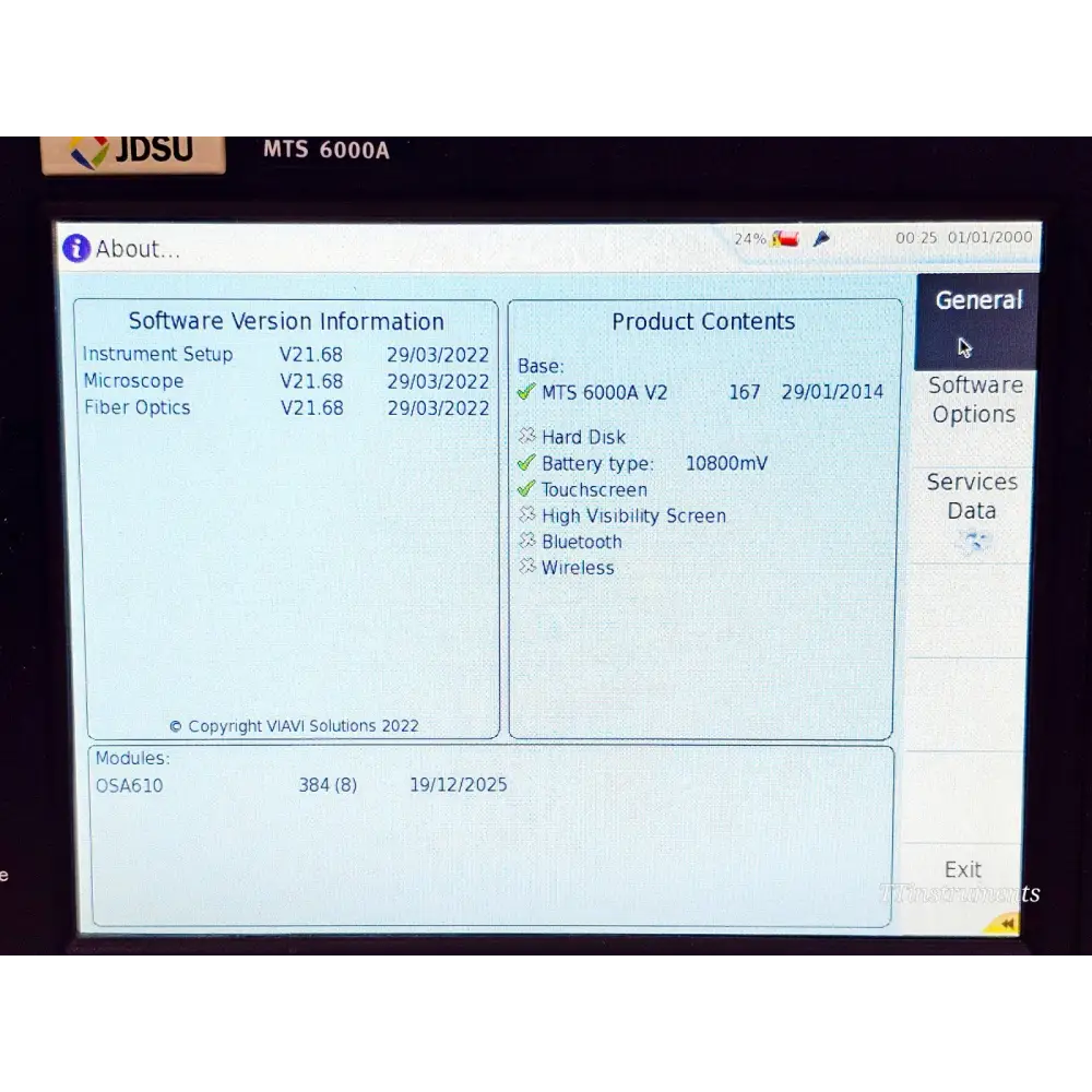 Viavi MTS 6000A V2 with OSA-610 powered on showing Viavi home screen and module status