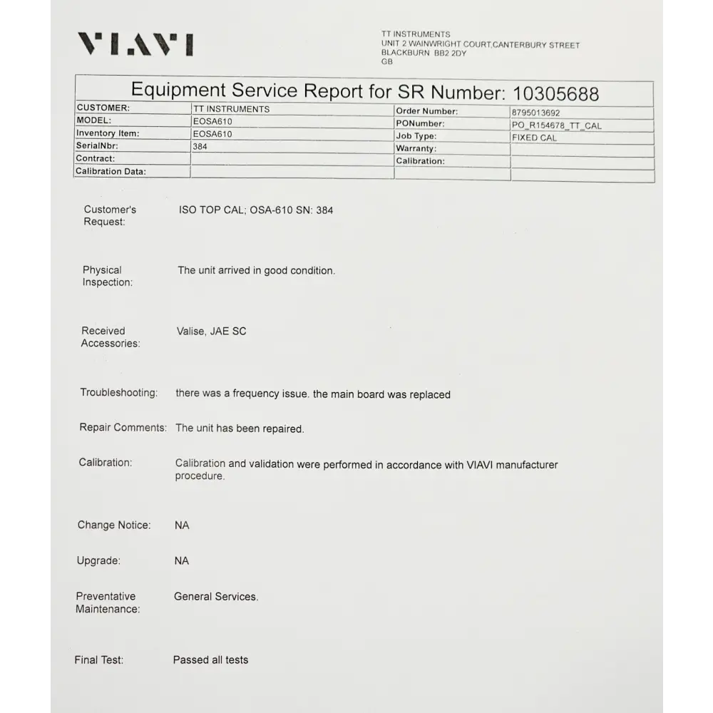 Viavi MTS 6000A V2 system with OSA-610 and accessories laid out on bench before packing
