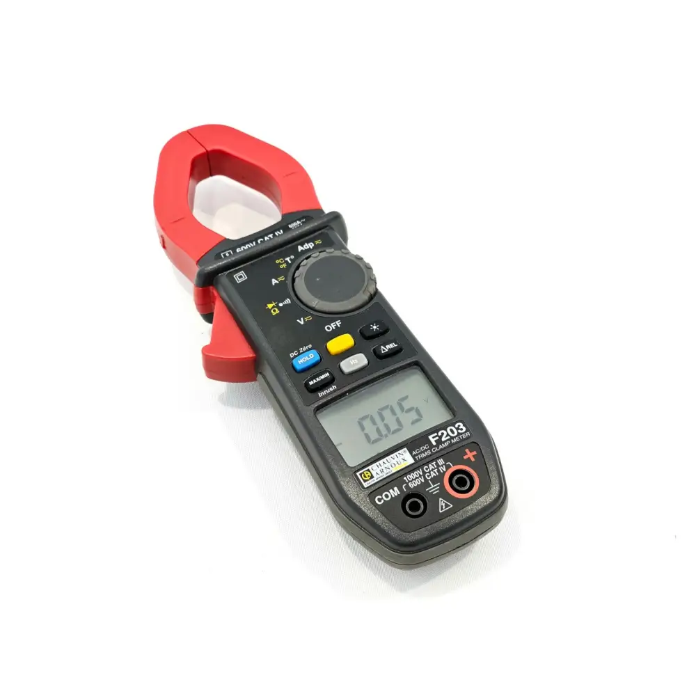 Chauvin Arnoux F203 TRMS clamp meter front view showing LCD display, rotary selector, red jaw, and input terminals