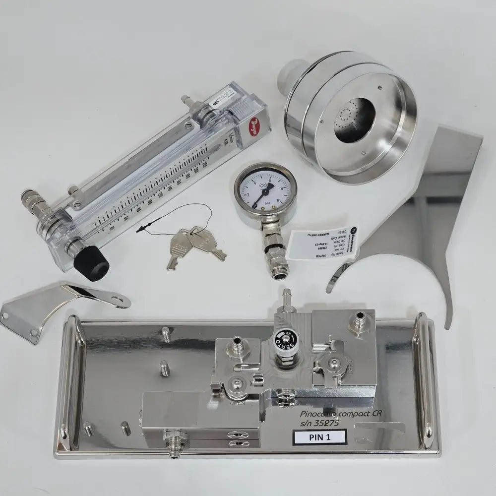 SAS Super Pinocchio CR air sampler side profile highlighting compact stainless-steel construction and flow meter
