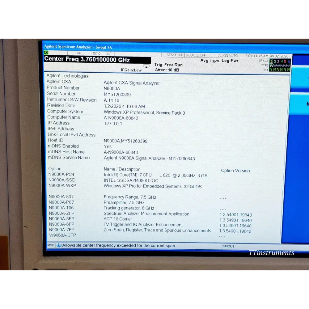 Keysight CXA N9000A signal analyser showing options licence screen on instrument display