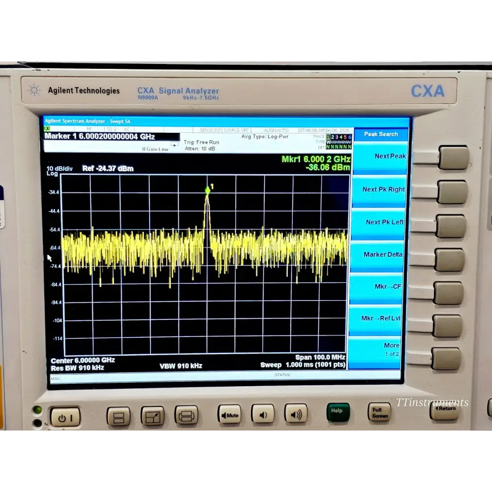 Keysight CXA N9000A signal analyser close-up of instrument badging and frequency range label