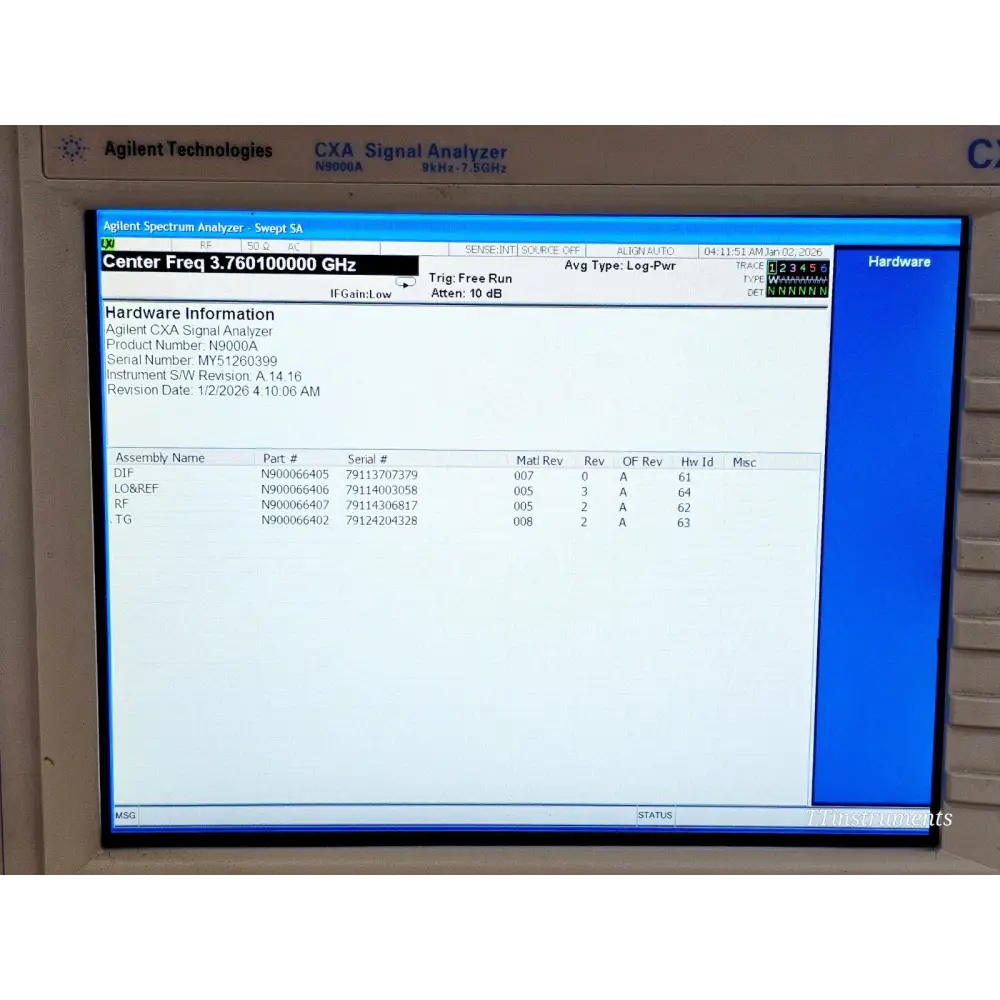 Keysight N9000A front panel detail showing RF input N-type connector and attenuator setting