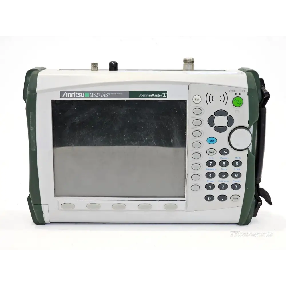 Anritsu MS2724B Spectrum Master 20 GHz front panel view showing display, keypad and softkeys