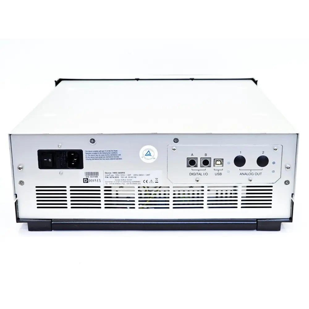Dionex VWD-3400RS rear panel showing Digital I/O, USB, Analog Out ports and power input labelled VWD-3400RS