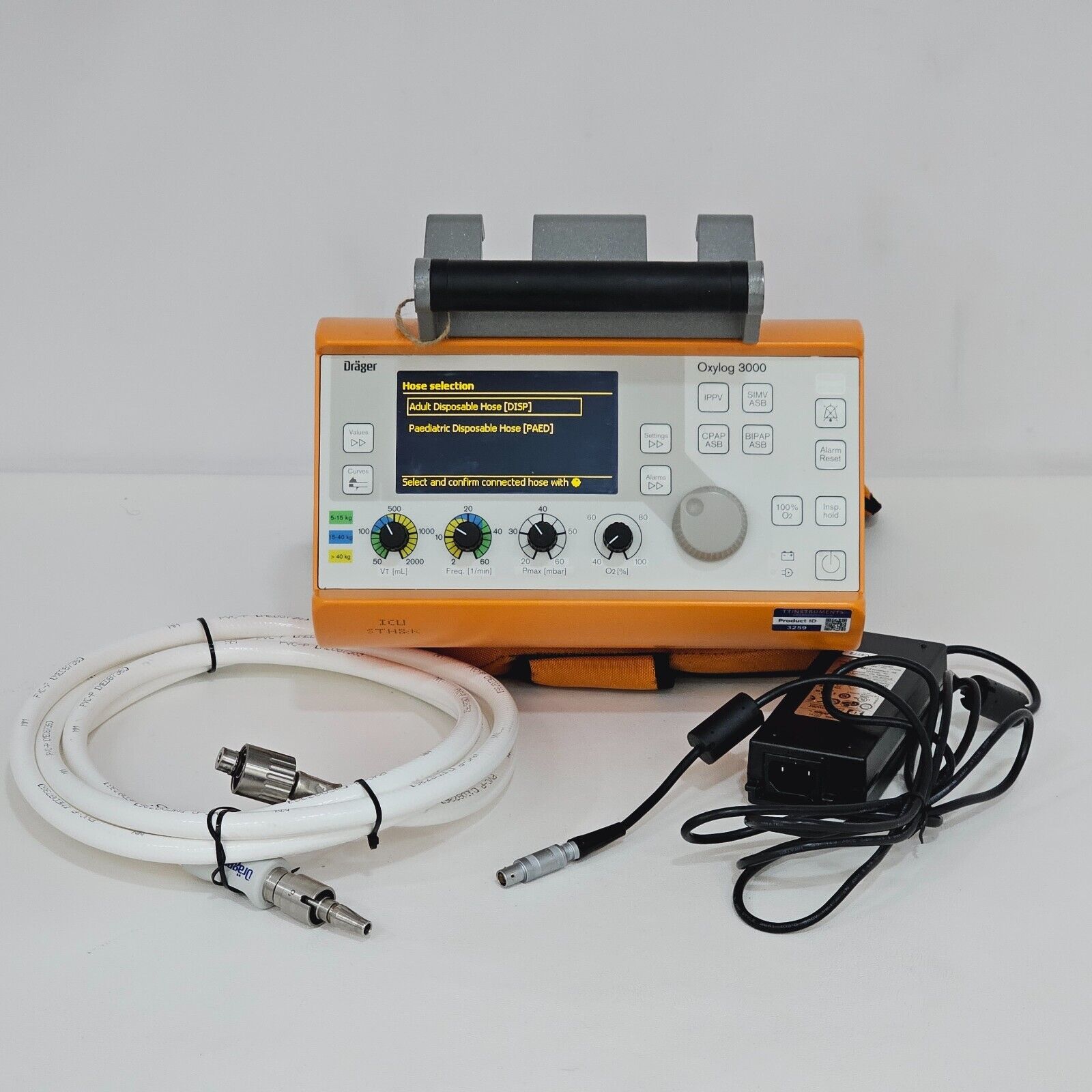 Draeger Oxylog 3000 with Options & Power Adapter / Hose Oper. Hours 476 MFD 2008