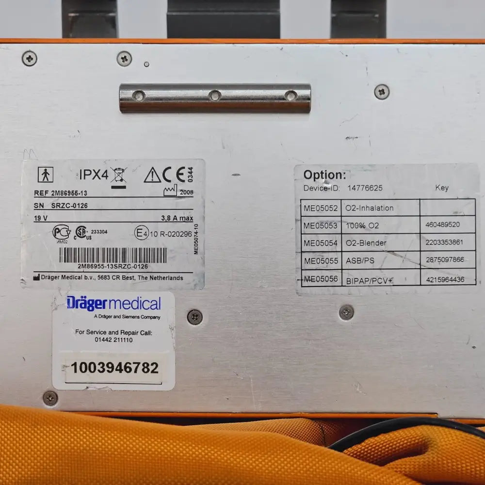 Dräger Oxylog 3000 ventilator with included power adapter and ventilation hose accessories