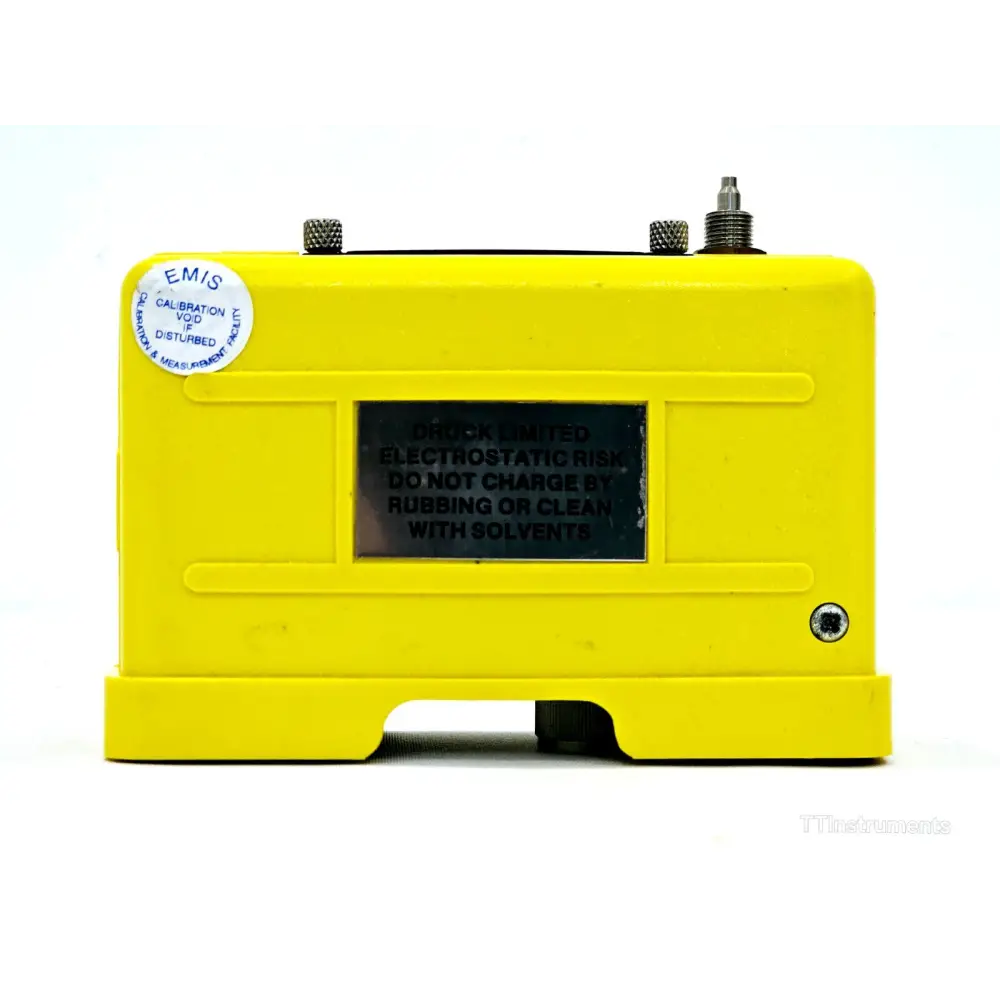 Druck DPI 701 pressure indicator rear view showing battery compartment and label