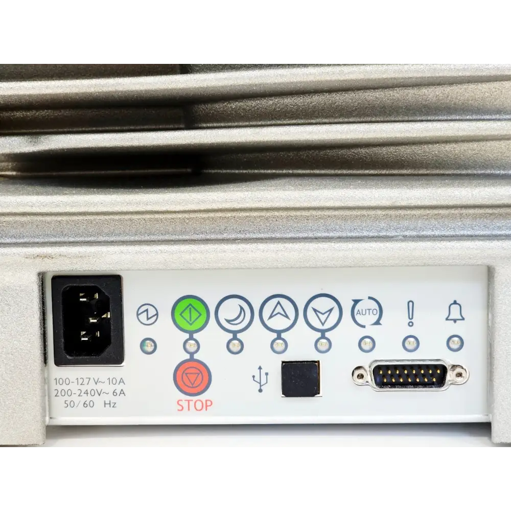 Edwards nXDS6i A735-01-983 control panel close-up showing IEC power inlet, run/stop buttons, USB port, RS232 15-way D-type connector, 100-240V 50/60Hz rating label