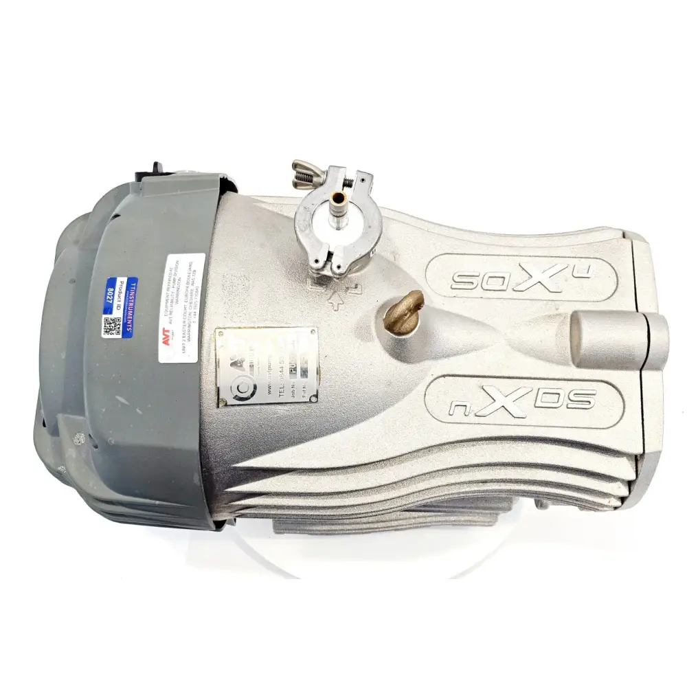 Edwards nXDS6i dry scroll pump A735-01-983 — top-down view showing nXDS branding on scroll body, Ralston gas ballast fitting, AVT service label and TT Instruments tag