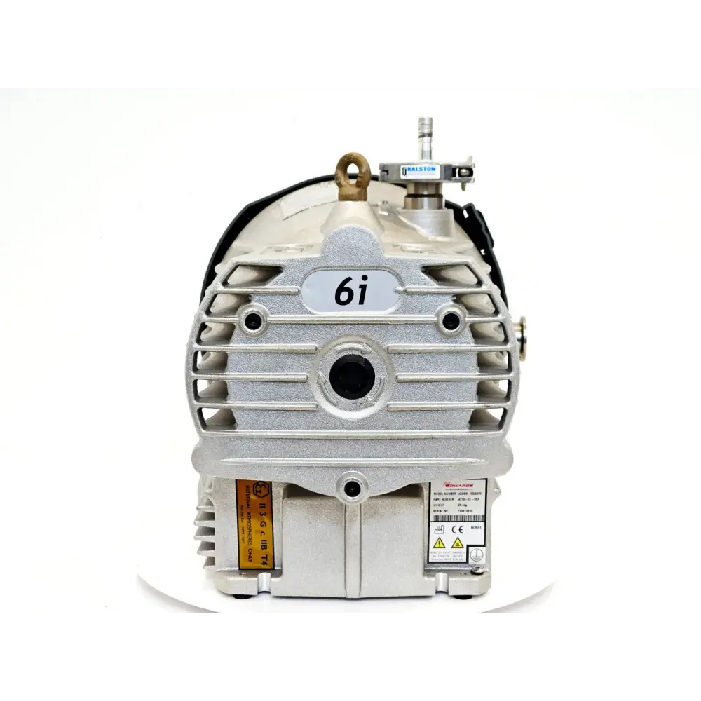 Edwards nXDS6i vacuum pump A735-01-983 — front face view showing NW25 inlet port, cooling fan grille, label showing model nXDS6i 100/240V serial 159419499, 25.5kg