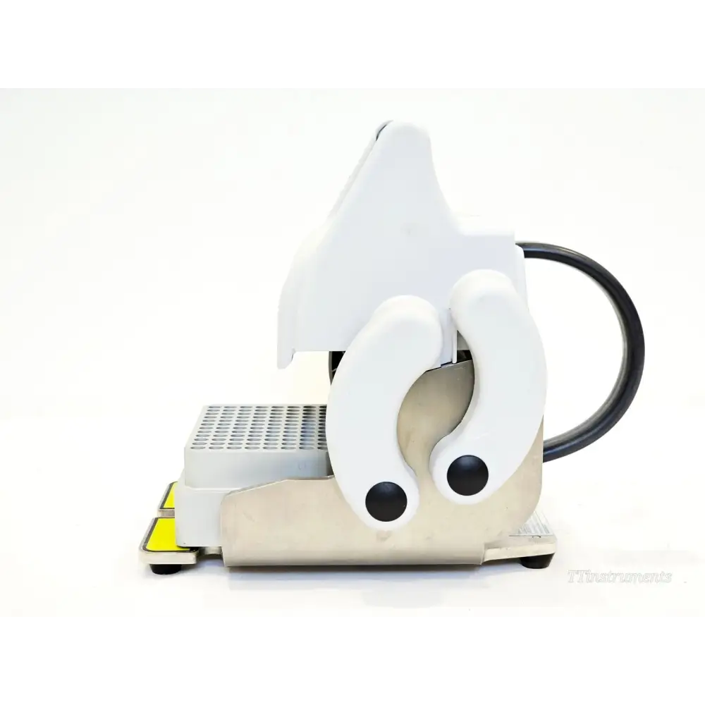 Eppendorf 5391 HeatSealer S100 left side view showing ergonomic sealing arm, black power cable, and plate adapter tray