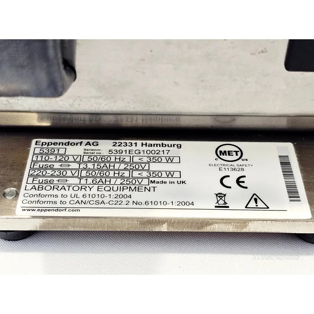 Eppendorf 5391 HeatSealer S100 rating label showing serial no. 5391EG100217, dual voltage 110-120V/220-230V, made in UK, CE and MET marks