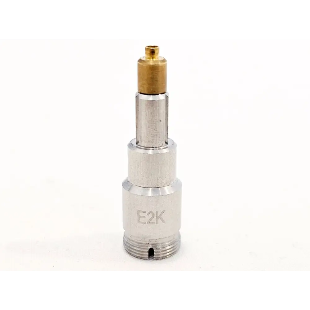 EXFO FIPT-400-E2K E-2000 UPC bulkhead adapter tip, upright front view showing stainless steel body with E2K engraving and brass ferrule tip