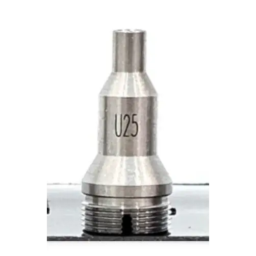 EXFO FIP-400 U25 universal patchcord tip close-up showing stainless steel body engraved U25 for 2.5 mm ferrules