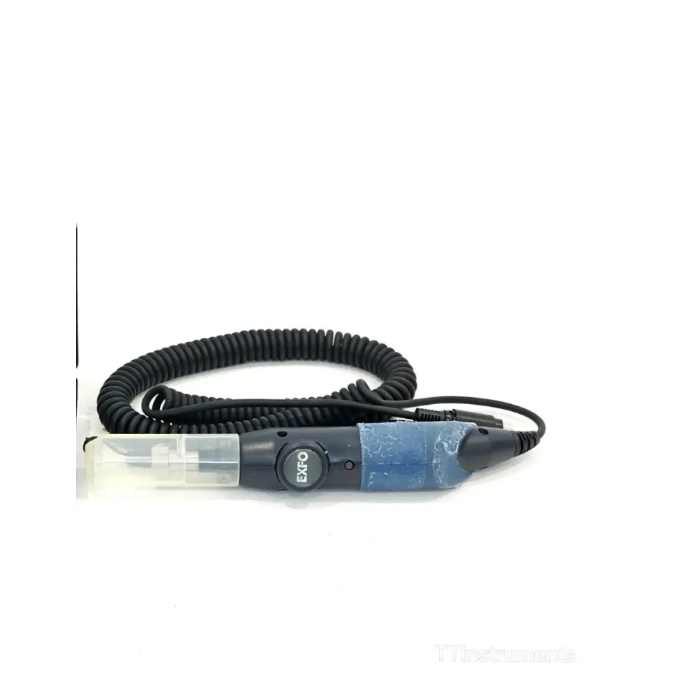 EXFO FIP-400 fibre inspection probe with U25 tip fitted, protective tip cap, and coiled cable — full side view