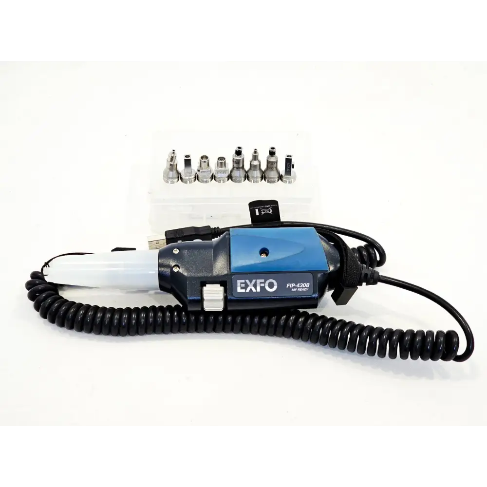 EXFO FIP-430B fibre inspection probe with coiled USB cable, dust cap, and 8 connector tips in clear storage tray