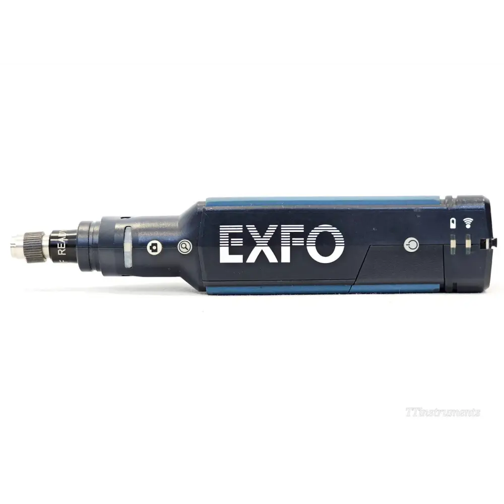 EXFO FIP-435B wireless fibre inspection probe side profile showing EXFO logo, Wi-Fi and lock LEDs