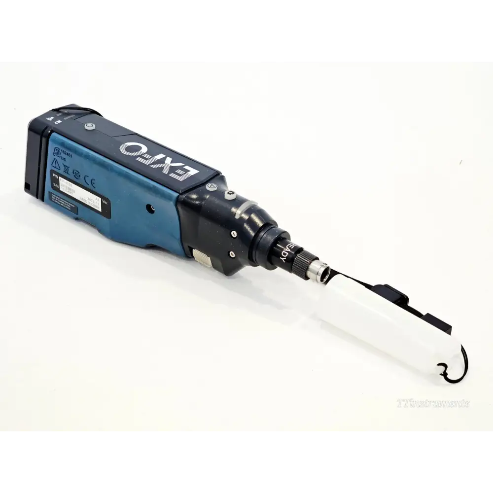 EXFO FIP-435B fibre inspection probe side view showing label with P/N, S/N, and CE markings, with MF tip attached