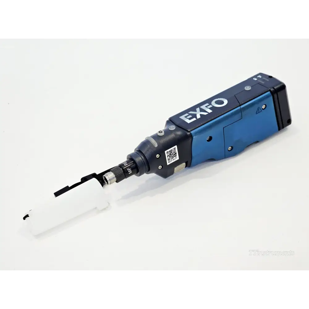 EXFO FIP-435B wireless fibre inspection probe angled view showing front probe tip, QR code label and EXFO branding