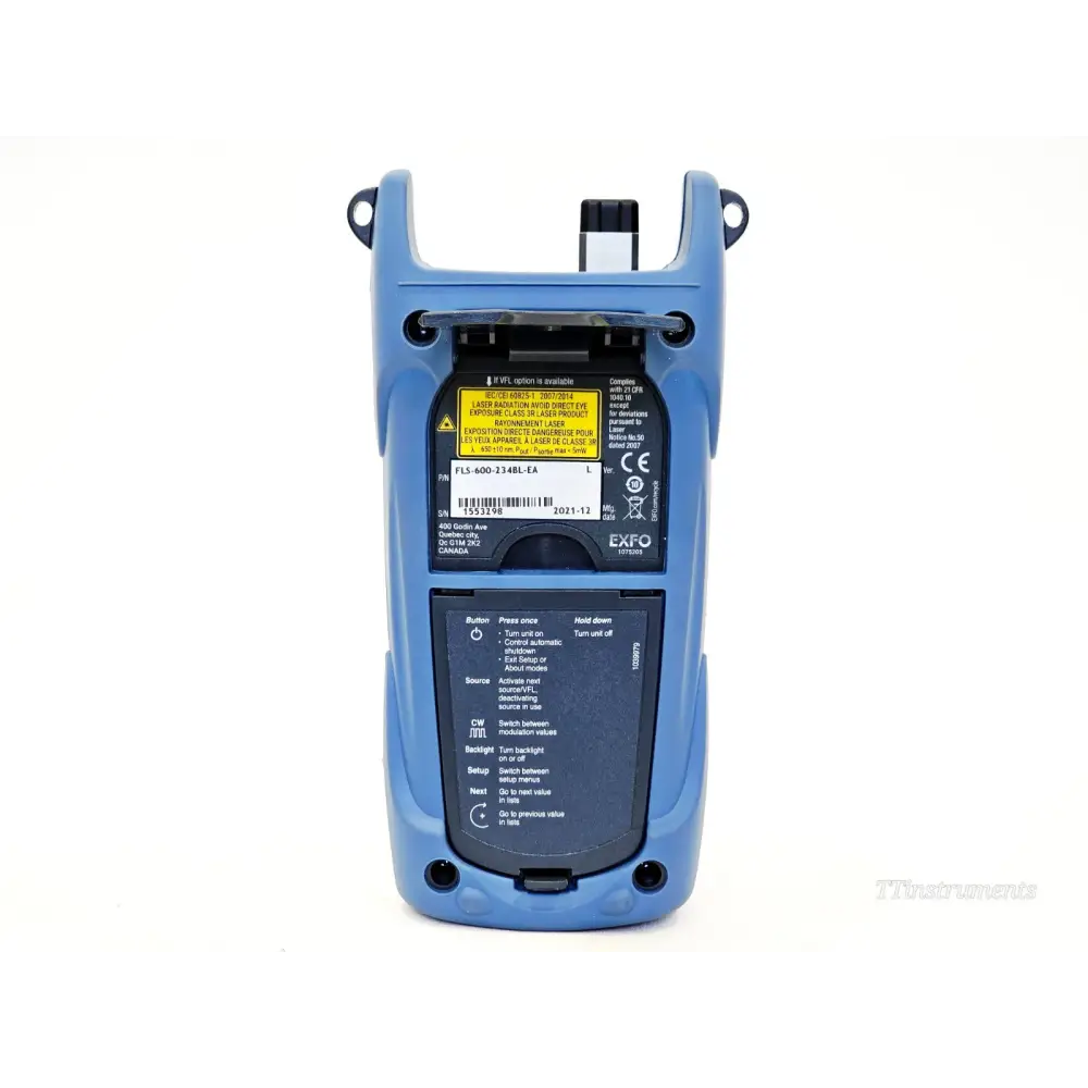 EXFO FLS-600-234BL-EA rear label showing part number, serial number 1553298, manufacture date 2021-12 and button guide