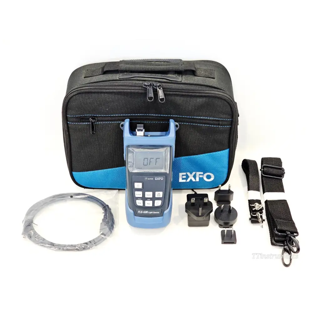 EXFO FLS-600-234BL light source with EXFO carry case, shoulder strap, patch lead and international AC adapter plugs
