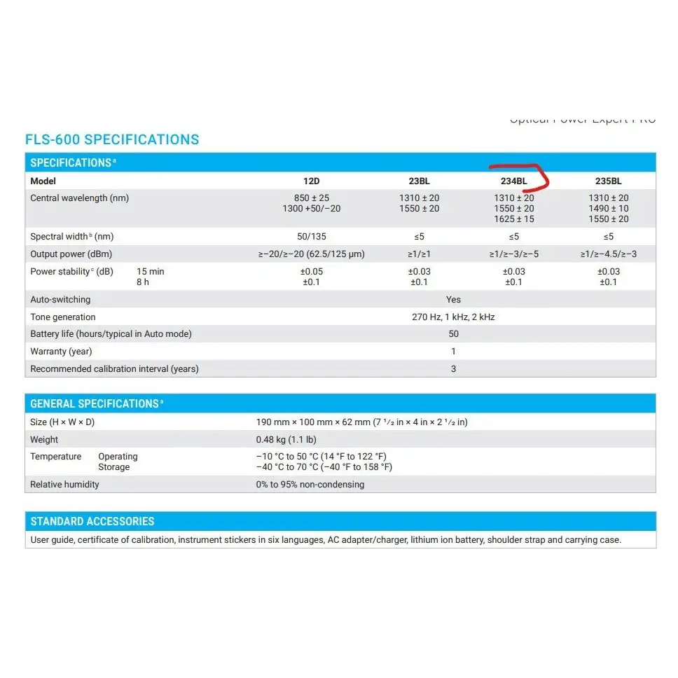 FLS-600 specifications sheet showing 234BL model highlighted — 1310/1550/1625 nm wavelengths and general specs