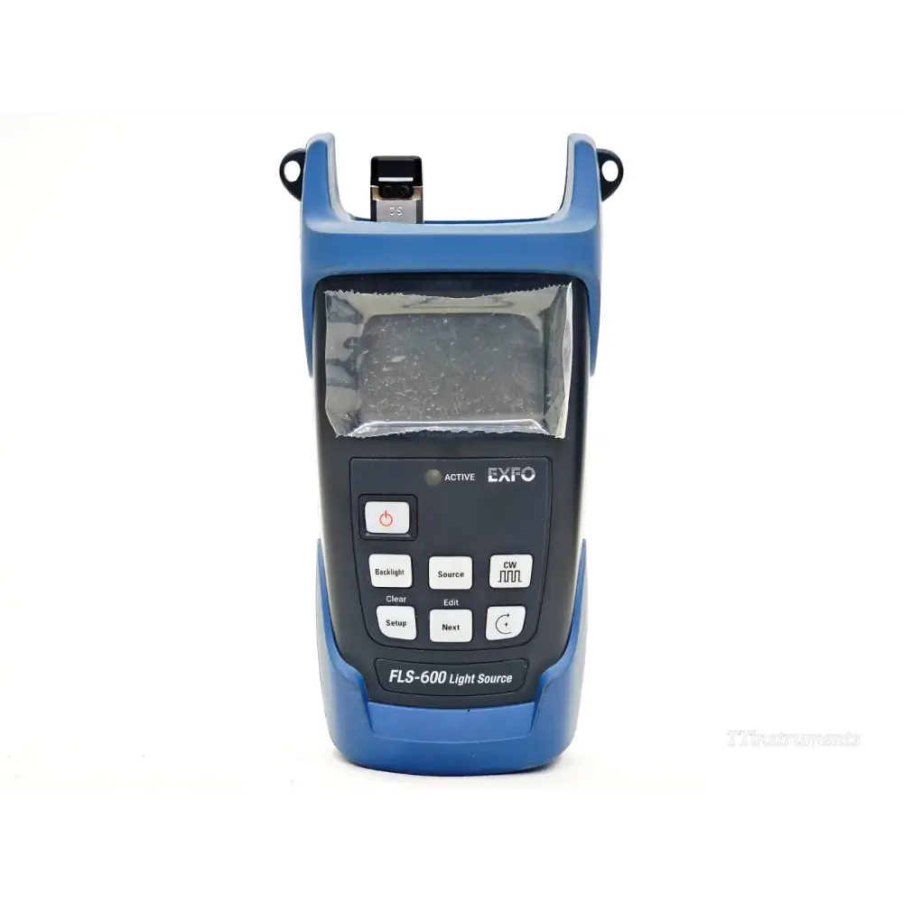 EXFO FLS-600 light source front panel showing keypad with Backlight, Source, CW, Setup, Next buttons and APC-SC port