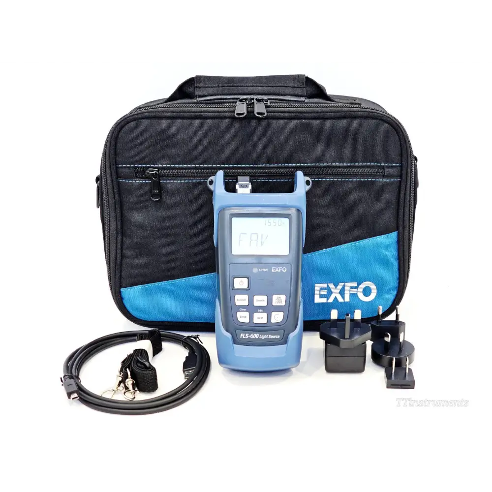 EXFO FLS-600-234BL Light Source with EXFO carry case, USB cable, shoulder strap and multi-plug AC adapters