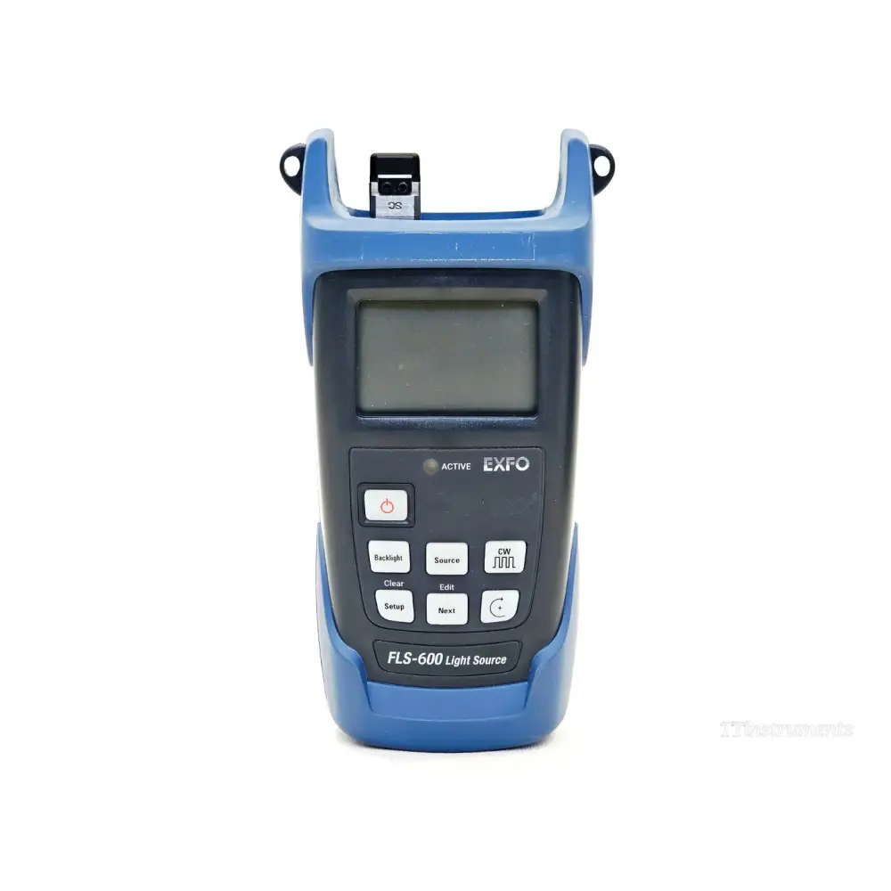 EXFO FLS-600-234BL right side view showing mini USB port and warranty seal label