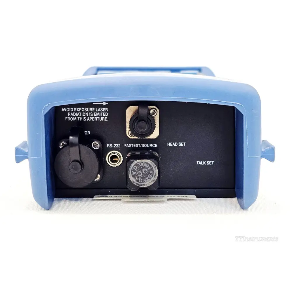 EXFO FOT-922 MaxTester top panel showing RS-232 port, FasTesT source port, headset and talk set connectors