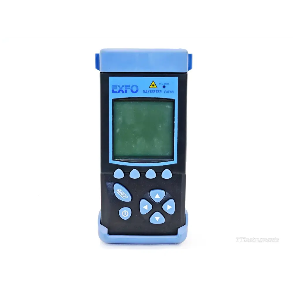 EXFO FOT-920 MaxTester FOT-922 front view showing LCD display, blue keypad and laser warning indicator