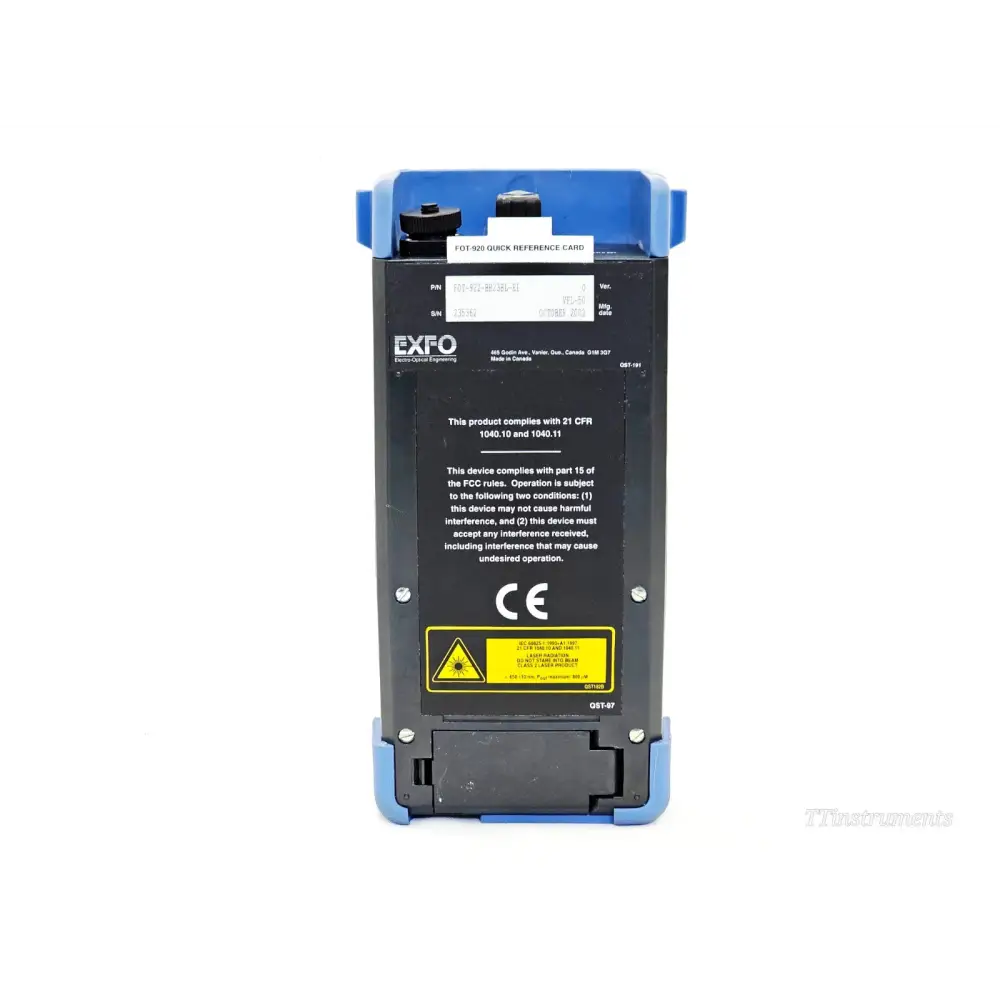 EXFO FOT-922 MaxTester rear label showing part number FOT-922-BR23BL-EI, serial number and October 2012 manufacture date