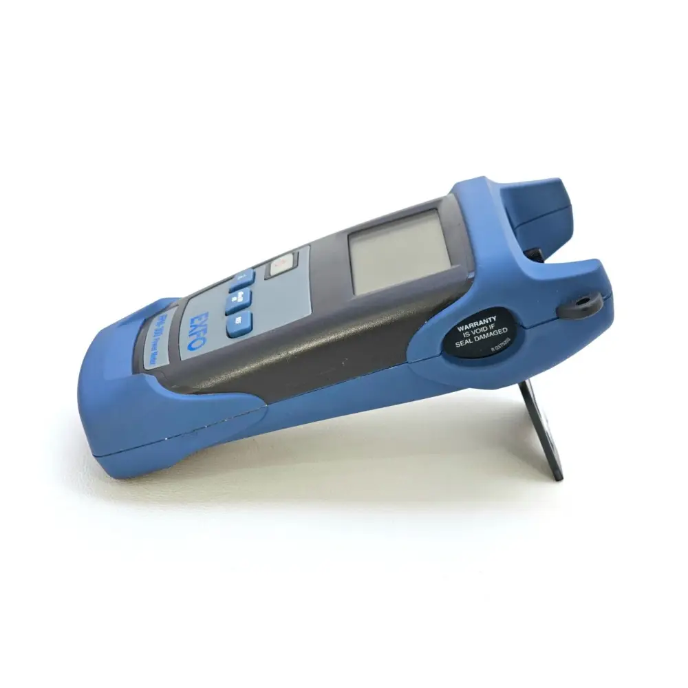 EXFO FPM-300 FPM-302X power meter rear view showing battery compartment and serial number label