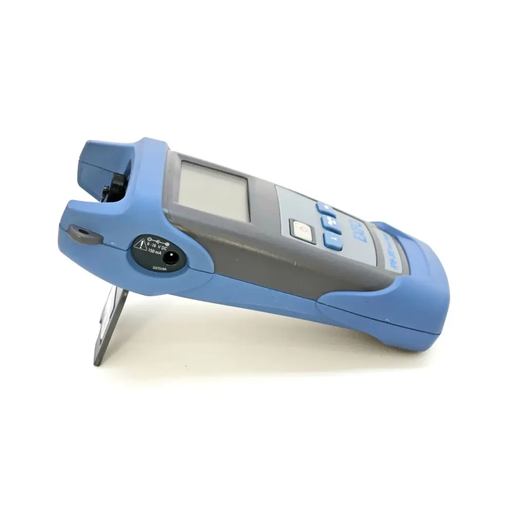 EXFO FPM-302X optical power meter bottom view with stand and safety label visible