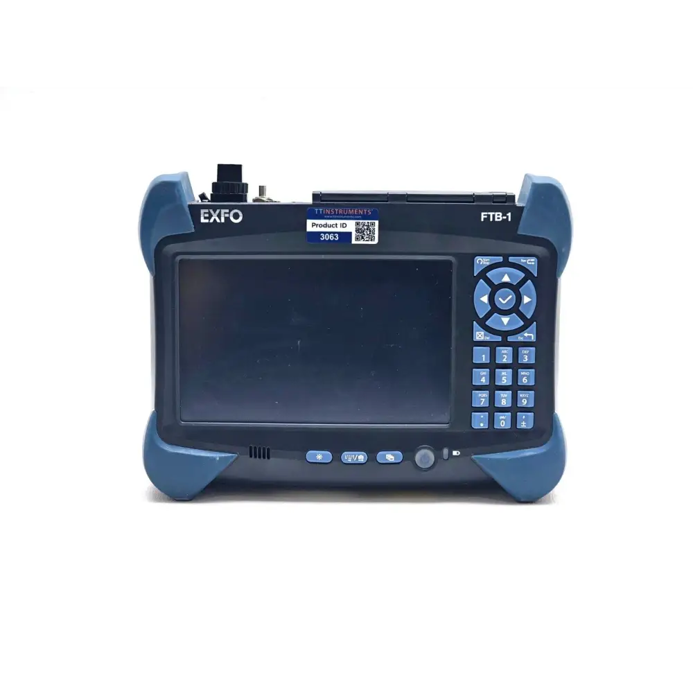 EXFO FTB-1 handheld test platform showing keypad and function buttons below touchscreen