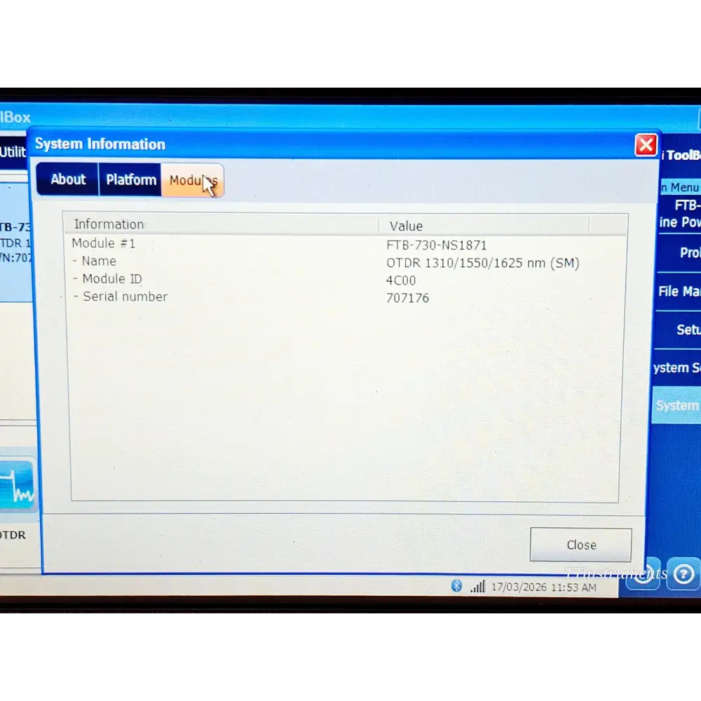 EXFO FTB-730 OTDR module removed from FTB-1 mainframe showing module connector and chassis